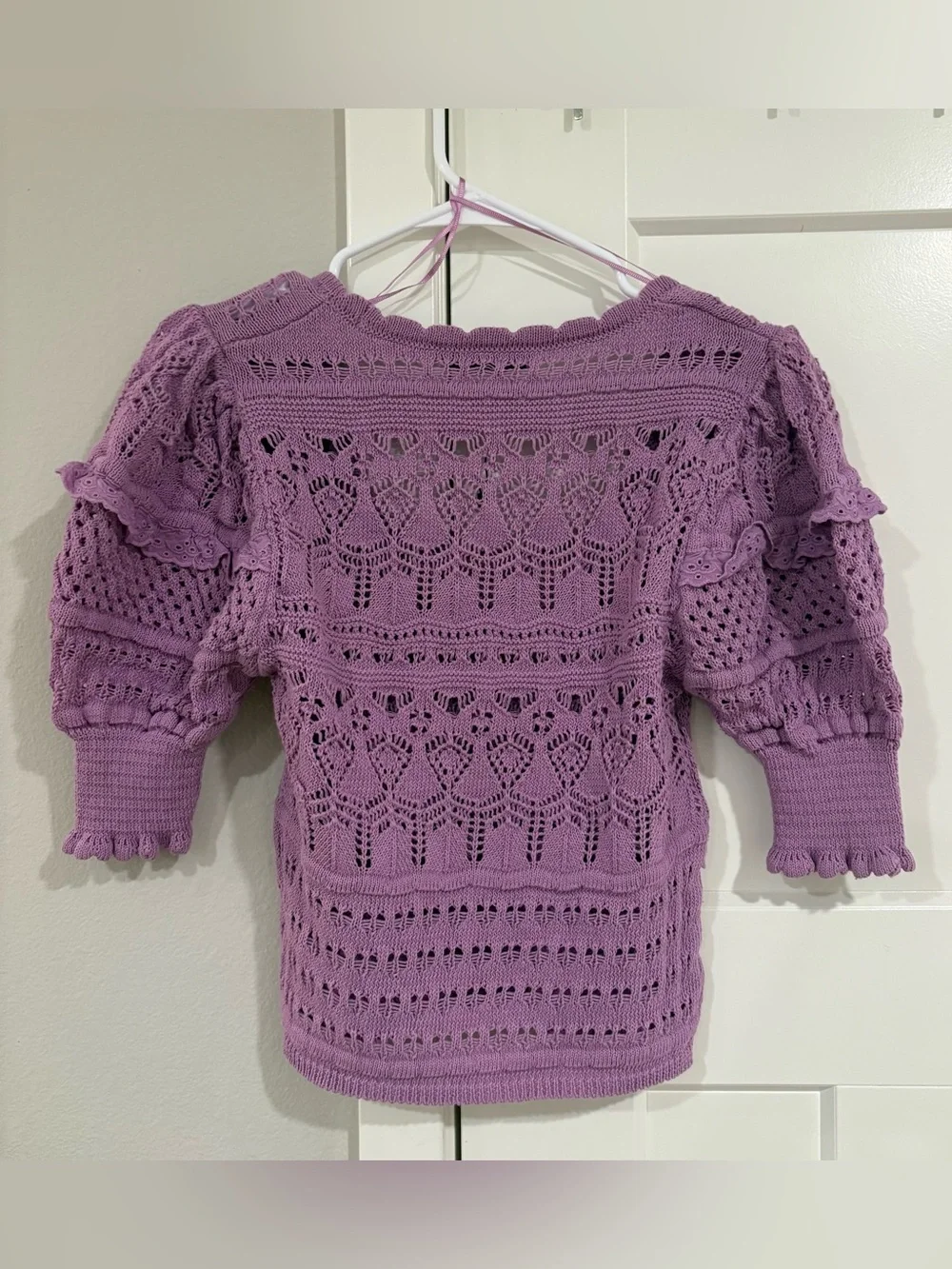 Zara Pointelle Knit Crochet Sweater Top Puff Ruffle Sleeve Lavender S Coquette